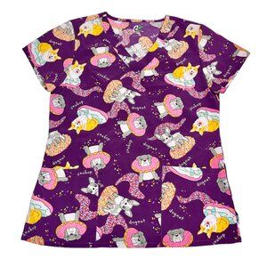 Scrub Top Dog Lovers Donuts Sz Small Corgi Bulldog Purple Nurse Vet Tech Shirt